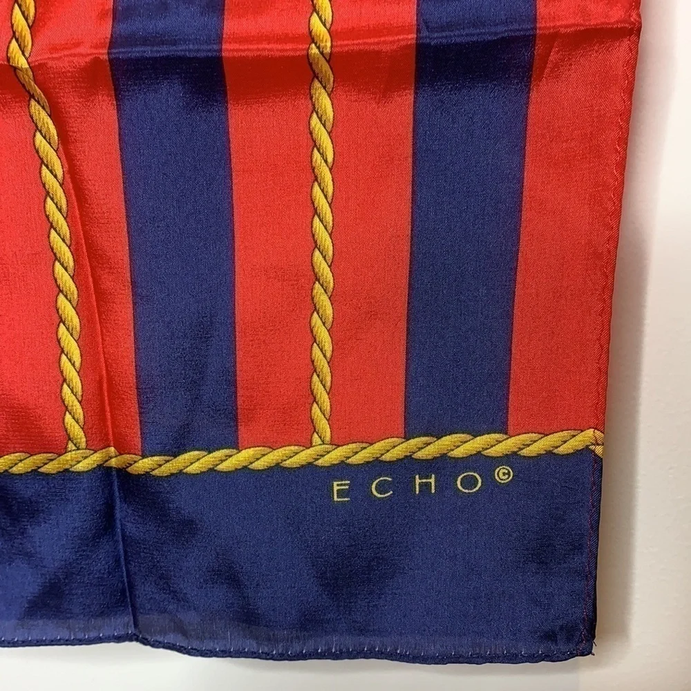 Echo || Silk Nautical Red Blue Striped with Gold Rope Design Scarf 10 1/2” x 52”
